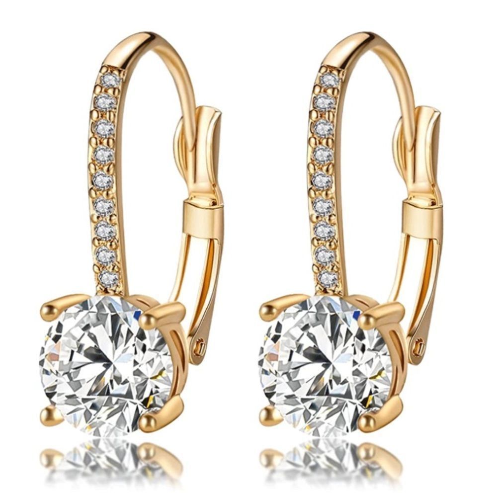 18K Yellow Gold and White Diamond Cubic Zirconia Dangling Leverback Earrings